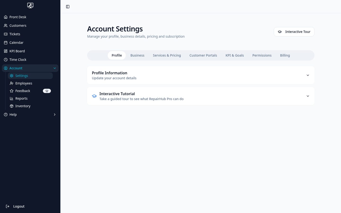 Account settings screen with shop profile, labor rates and service configuration