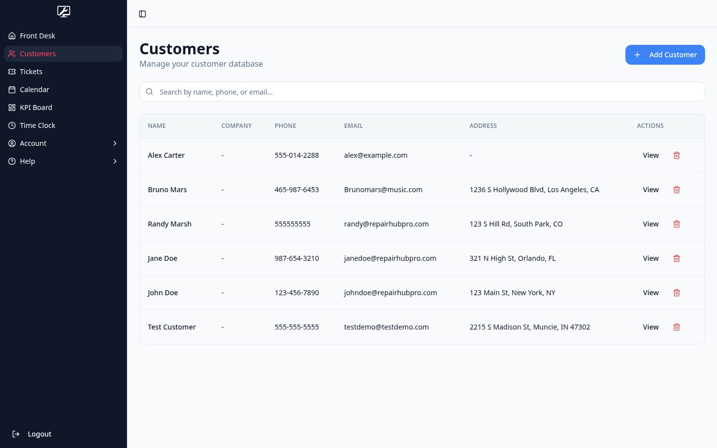 Customer list with search and contact details