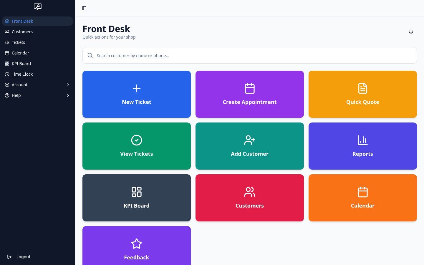 Repair Hub Pro front desk screen with customer search and quick action tiles