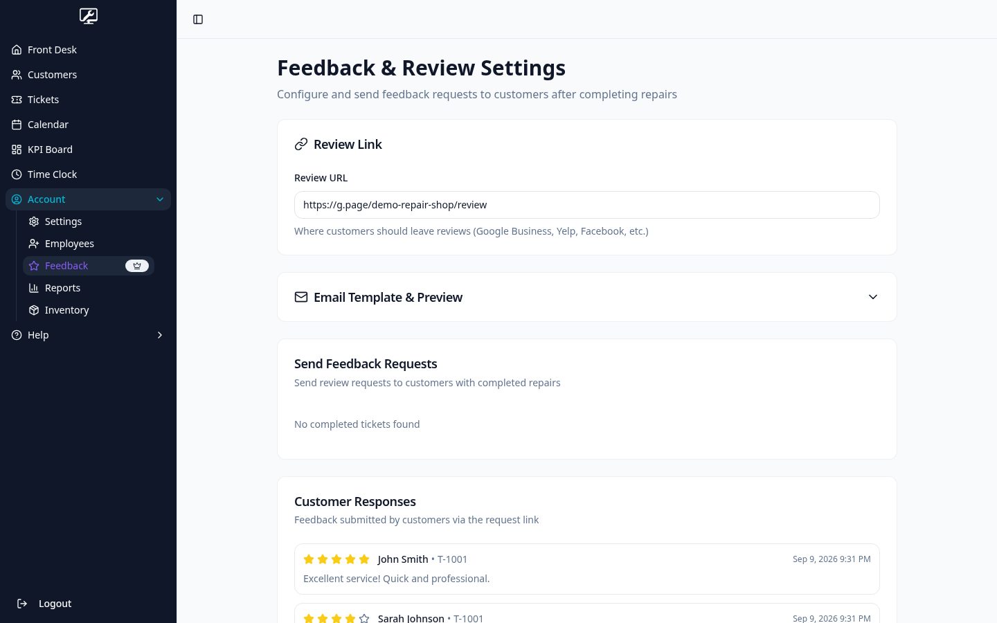 Customer feedback screen showing star ratings and comments
