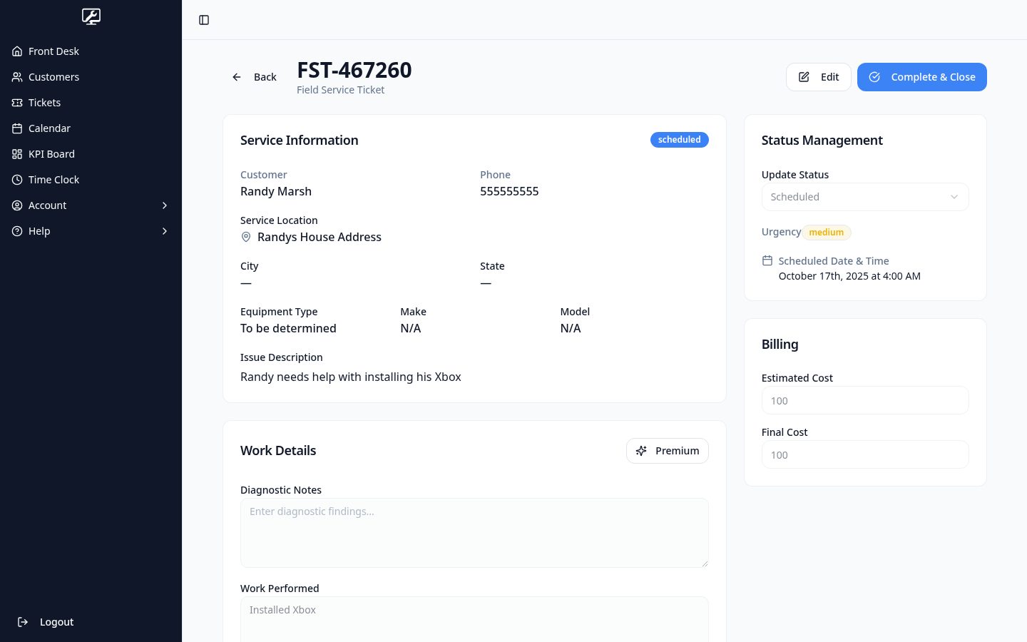 Field service ticket detail with service location and scheduling