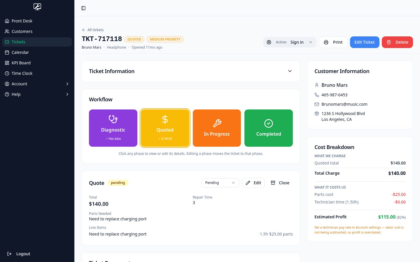 Ticket detail page showing workflow, customer information and activity history
